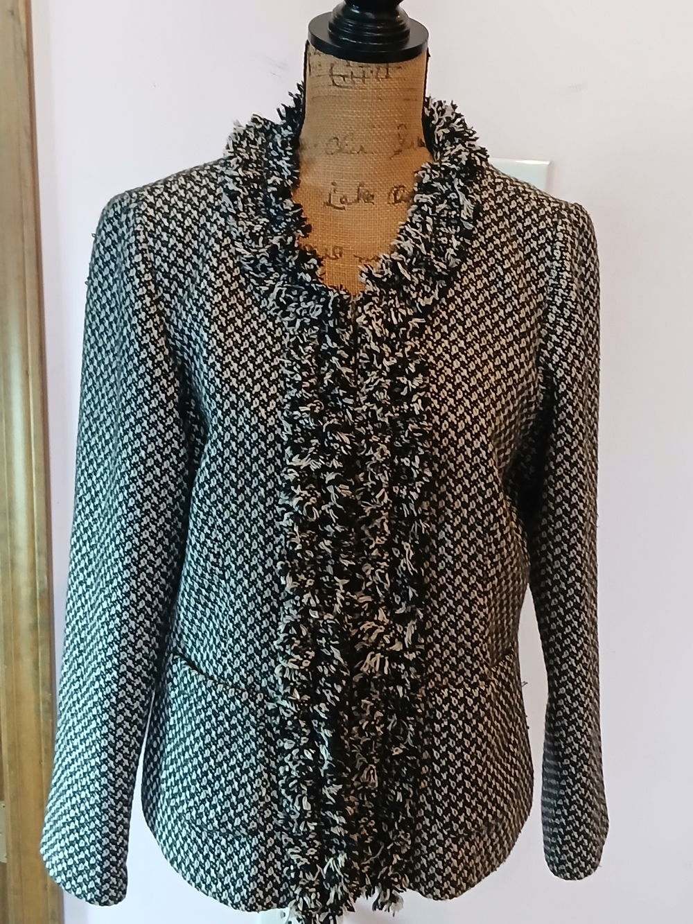 Spense Black and White Tweed Fringe-Trim Blazer